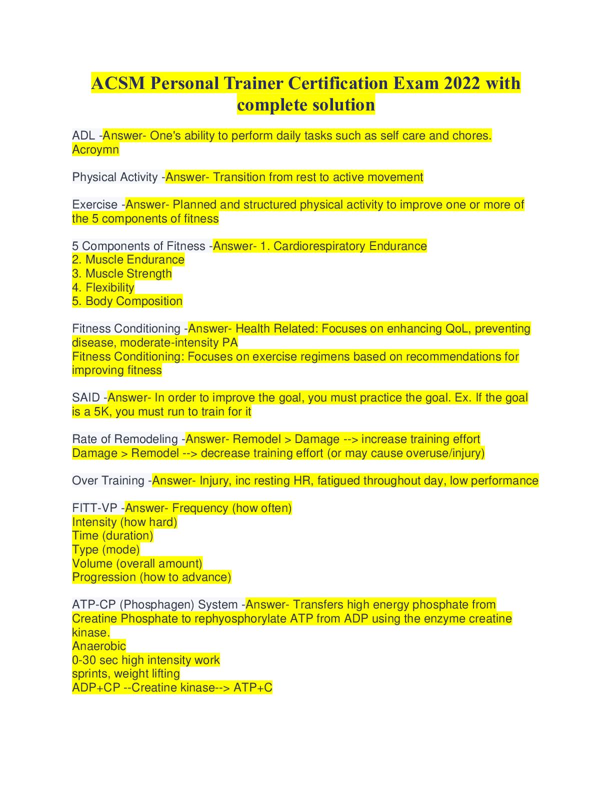 Preview image for ACSM Personal Trainer Certification Exam 2022 with complete solution